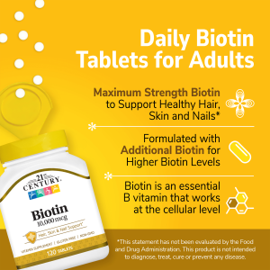 قرص بیوتین همراه با کلسیم 21Century Biotin 10.000mcg قرن 21 (120 عددی)