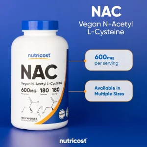 کپسول استیل سیستین نیوتریکاست Nutricost NAC N-Acetyl-L-Cysteine 600mg (180 عددی)