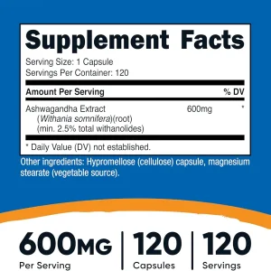 کپسول عصاره آشواگاندا Nutricost Ashwagandha Extract 600mg (120 عددی)