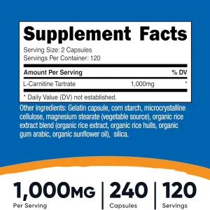 کپسول ال کارنیتین تارترات نوتریکاست Nutricost L-Carnitine Tartrate 500mg (240 عددی)