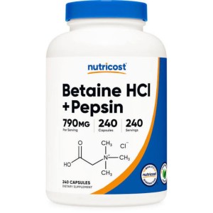 کپسول بهبود عملکرد گوارش بتائین Nutricost Betaine HCL + Pepsin 790mg (240 عددی)