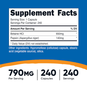 کپسول بهبود عملکرد گوارش بتائین Nutricost Betaine HCL + Pepsin 790mg (240 عددی)
