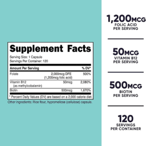 کپسول فولیک اسید نوتریکاست بانوان Nutricost Women Folic Acid 1200mcg With B12 & Biotin (120 عددی)
