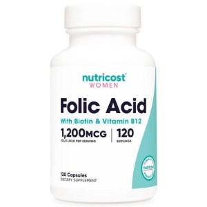 کپسول فولیک اسید نوتریکاست بانوان Nutricost Women Folic Acid 1200mcg With B12 & Biotin (120 عددی)