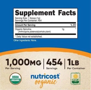پودر جلبک اسپیرولینا Nutricost Organic Spirulina Powder 1000mg (454 گرم)