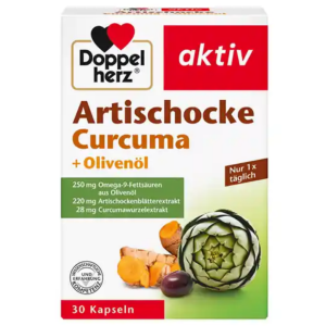 قرص سم‌زدایی طبیعی و تقویت کبد داپل هرز اکتیو Doppel Herz Aktiv Artischocke + Curcuma + Olivenöl (30 عددی)