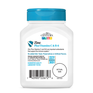 قرص جویدنی طعم دار زینک پلاس 21Century Zinc Plus Vitamins C & B6 Chewable قرن 21 (90 عددی)