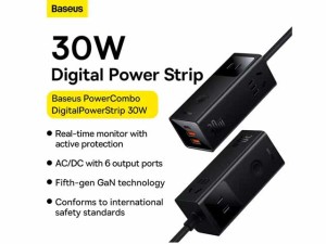 شارژر دیواری و آداپتور برق فست شارژ 30 وات با کابل برق 3 متری بیسوس Baseus PowerCombo Digital PowerStrip PSLA000101