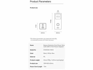 شارژر و چندراهی برق فست شارژ 40 وات بیسوس Baseus Extension Cord Power Strip PSLA010001