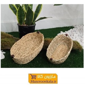 سبد حصیری سنتی بیضی دکمه دار ست 2 عددی صنایع دستی شمال HWK-048