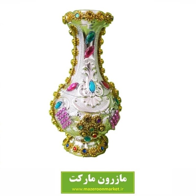 گلدان پلاستیکی نقره ای تزئین شده با نگین ارتفاع ۱۵ سانت