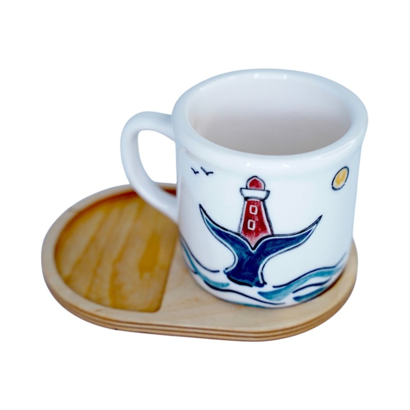 ماگ سرامیکی دستساز بهمراه پیش دستی چوبی طرح نهنگ