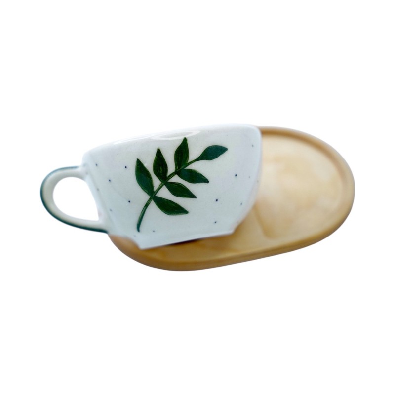 لته خوری  سرامیکی دستساز بهمراه پیش دستی چوبی طرح برگ