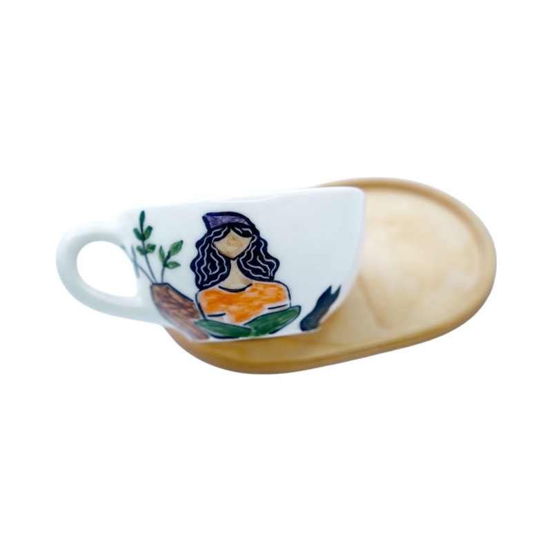 لته خوری  سرامیکی دستساز بهمراه پیش دستی چوبی طرح حال خوش