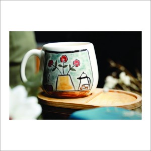 لیوان سرامیکی دستساز بهمراه پیش دستی چوبی طرح شازده کوچولو