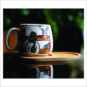 لیوان سرامیکی دستساز بهمراه پیش دستی چوبی طرح شازده کوچولو