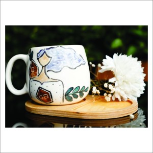 لیوان سرامیکی دستساز بهمراه پیش دستی چوبی طرح شازده کوچولو