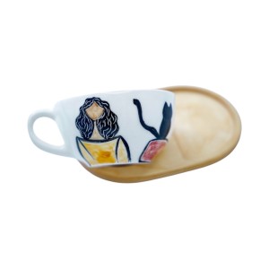 لته خوری  سرامیکی دستساز بهمراه پیش دستی چوبی طرح  گربه