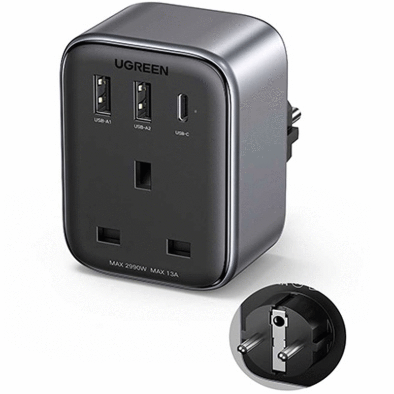 چندراهی برق و شارژر دیواری یک سوکت، یک تایپ‌سی و دو یو‌اس‌بی 30 وات یوگرین CD314 15290