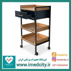 ترالی زیبایی سه طبقه چوبی تک کشو فلزی کوچک پزشک آرا مدل RADIN-SKU13