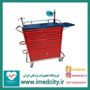 ترالی اورژانس فلزی چهار کشو کمددار رویه استیل سبک پزشک آرا