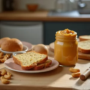 کره بادام زمینی ارگانیک خالص 400 گرمی مثه‌خودته، همراه بادام زمینی خام و بو داده روی میز چوبی