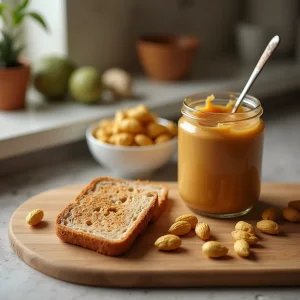 کره بادام زمینی ارگانیک خالص 400 گرمی مثه‌خودته، روی میز چوبی با نور گرم