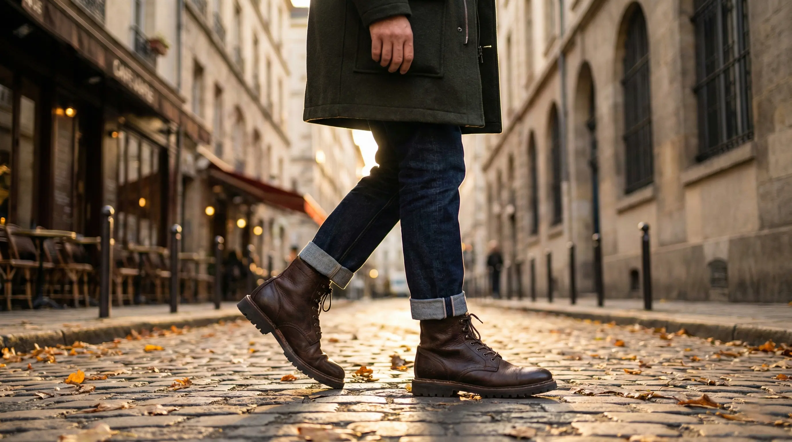 استایل کژوال زمستانی مردانه با بوت بندی چرم قهوه&zwnj;ای مقاوم و شلوار جین در حال قدم زدن در شهر.