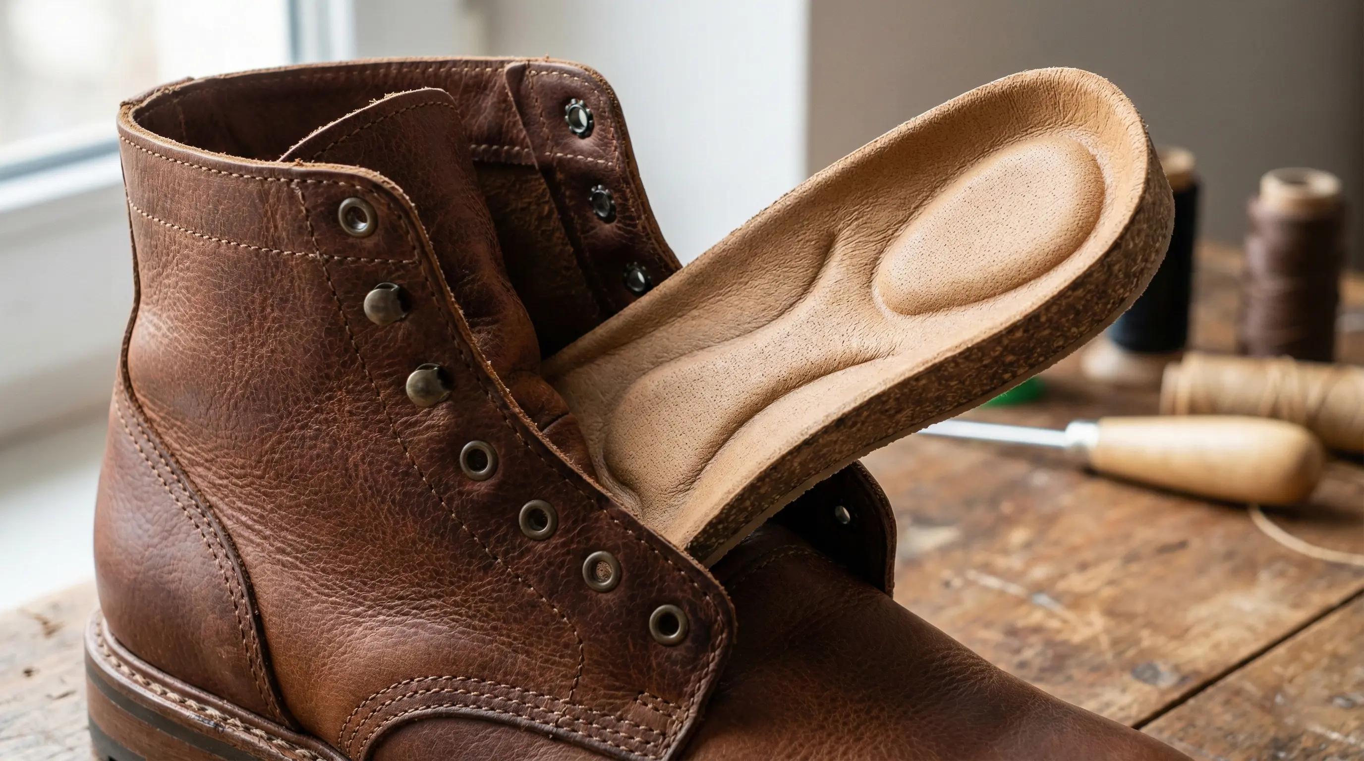 نمای نزدیک از بافت باکیفیت چرم طبیعی نیم بوت مردانه و ساختار کفی طبی آناتومیکال درون آن.