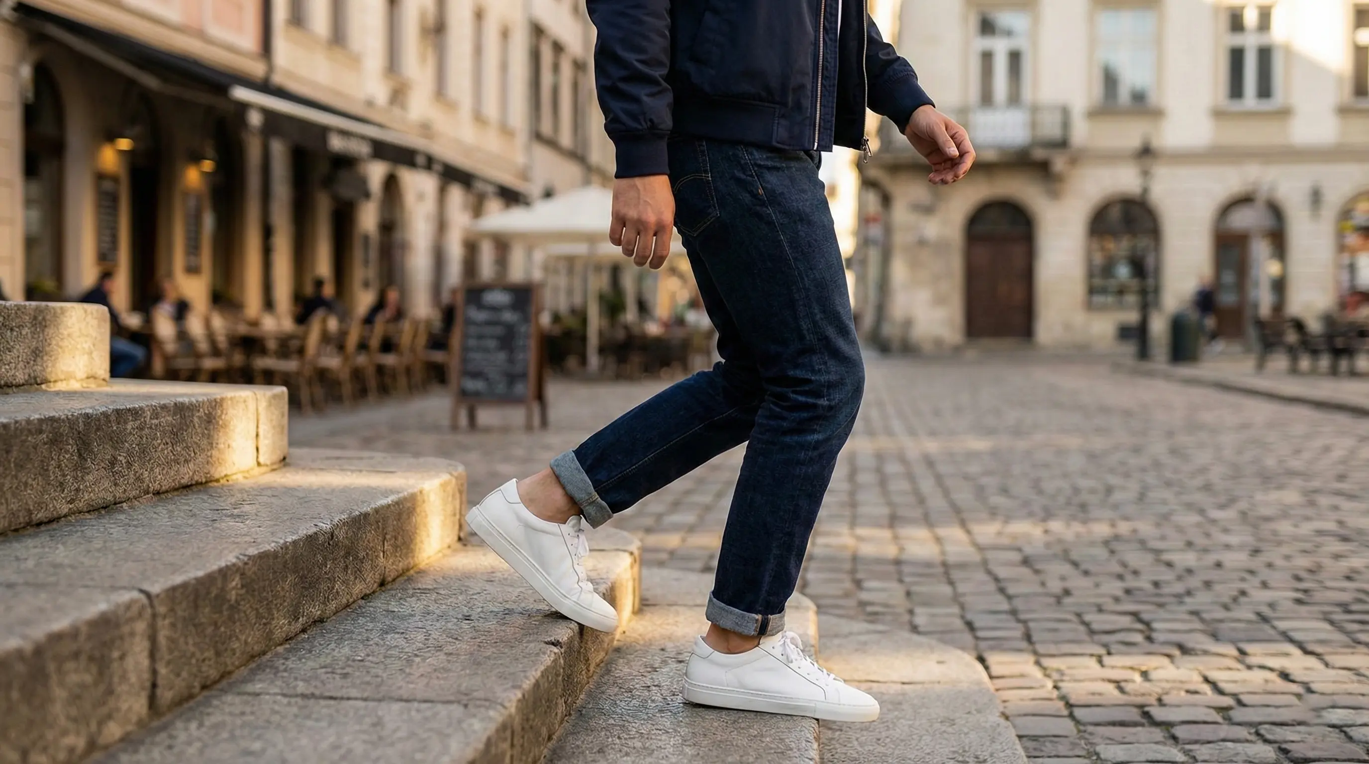 استایل کژوال مردانه با کتانی اسپرت چرم طبیعی و طبی در حال قدم زدن در شهر.