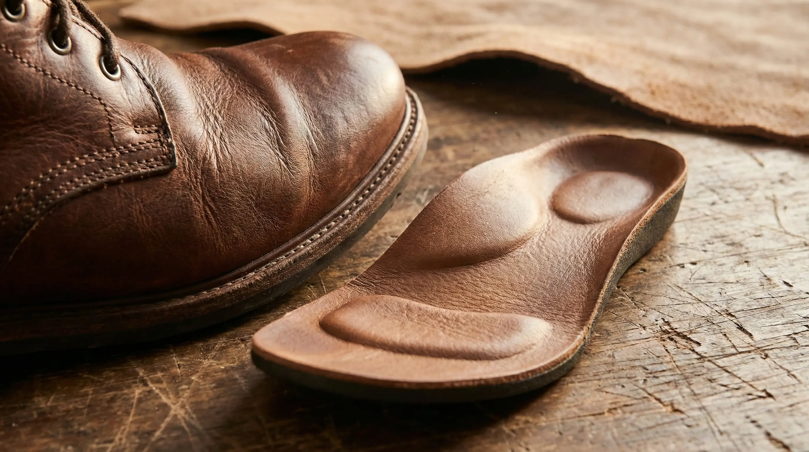 نمای نزدیک از بافت باکیفیت چرم طبیعی کفش مردانه در کنار کفی طبی آناتومیکال با قوس استاندارد.