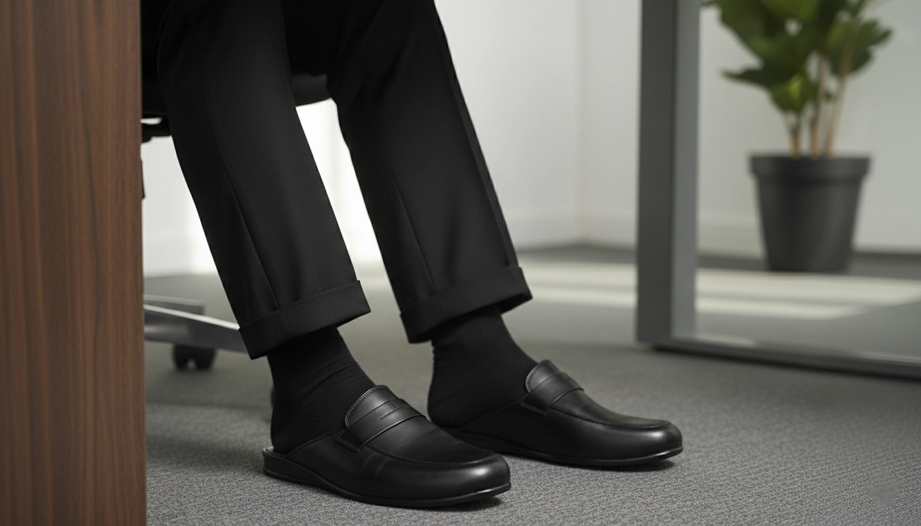 صندل جلو بسته مردانه با کت و شلوار در محیط اداری، استایل شیک و رسمی.