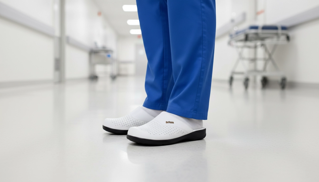 صندل جلو بسته سفید، کادر درمان در بیمارستان، راحتی و بهداشت شغلی.