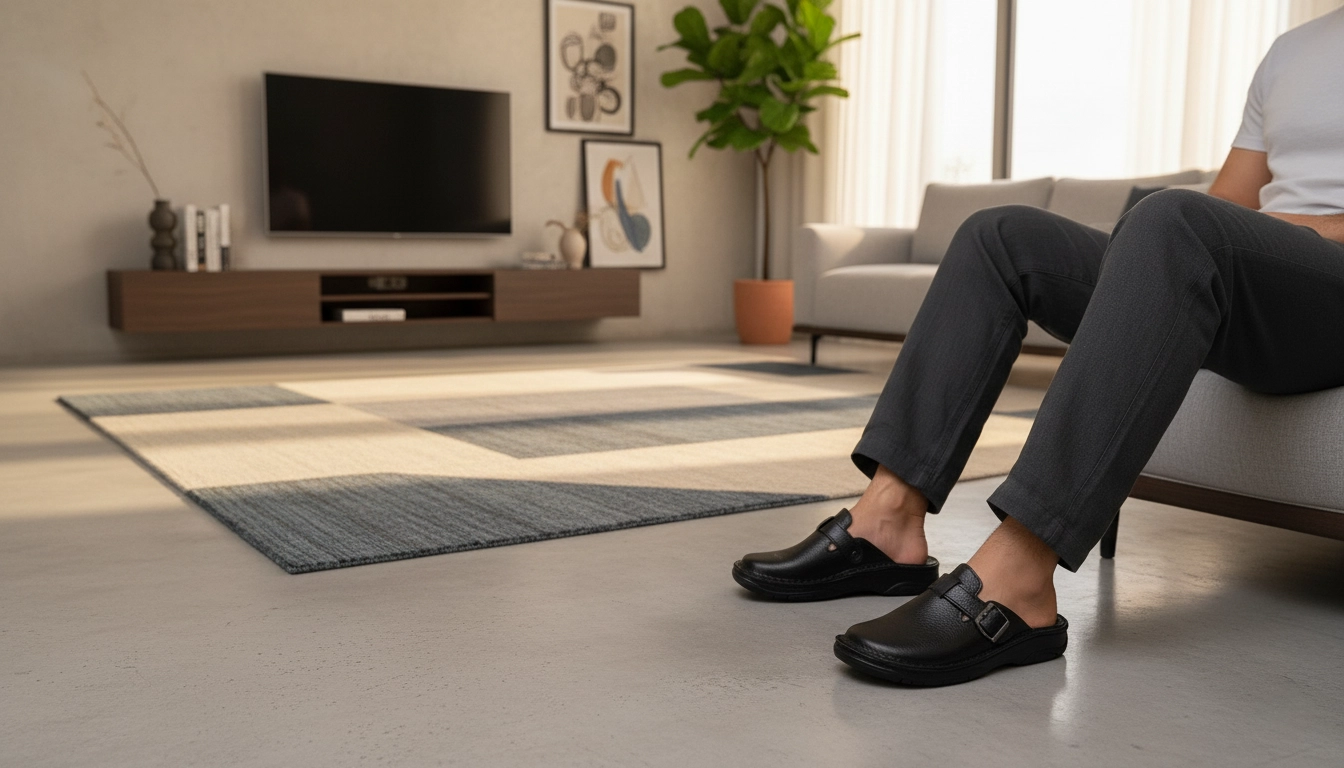 صندل جلو بسته مردانه در خانه، راحتی منزل و استایل کژوال.