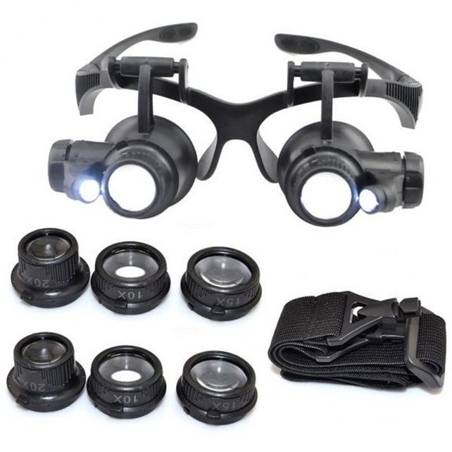 ذره بین عینکی دوچشمی 4 لنز 10X,15X, 20X,25X مدل 9892GJ فوق العاده عالی