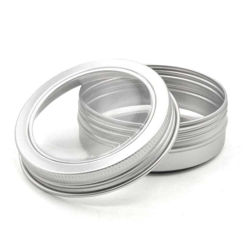 قوطی فلزی نقره ای با درب شیشه ای 60ml سایز 68x25mm