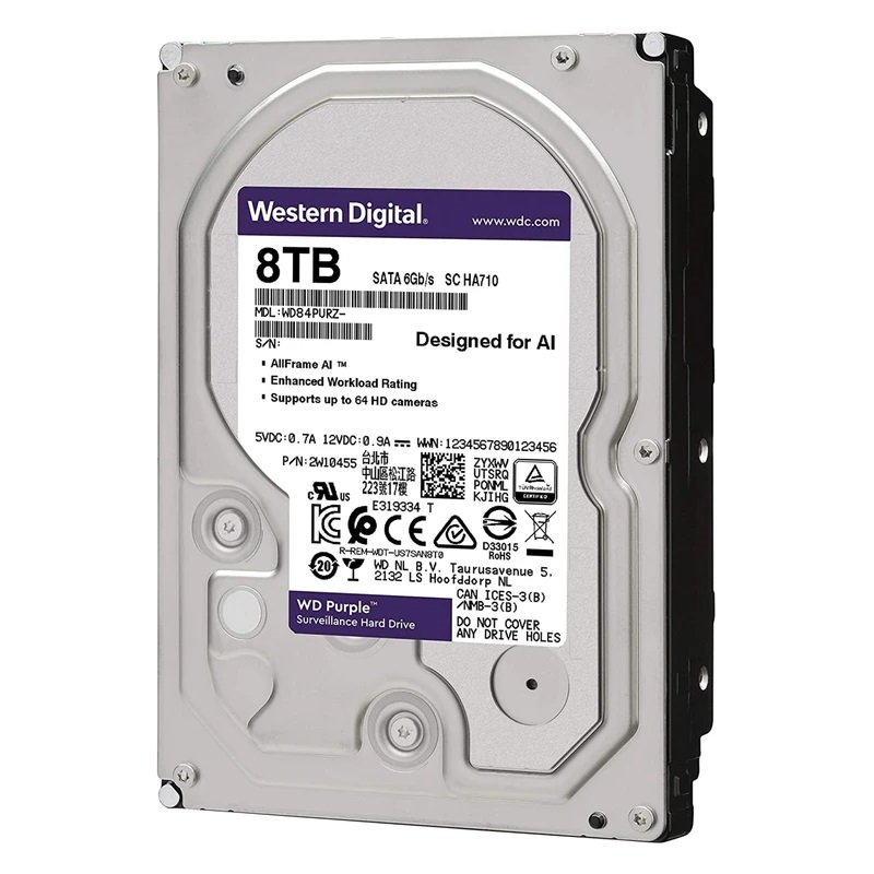 هارددیسک اینترنال وسترن دیجیتال مدل Purple WD84PURZ ظرفیت 8 ترابایت، سرعت چرخش 5700 دور در دقیقه، سایز هد 3.5 اینچی