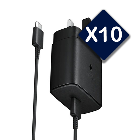 پک 10 عددی شارژر دیواری سامسونگ 45 وات اصلی سوپر فست شارژ مدل EP-TA845 سه شاخه اروپا به همراه کابل دو سر تایپ سی
