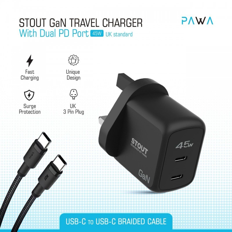 شارژر دیواری 45 وات پاوا مدل PW-GN45UKTT همراه کابل Type-C