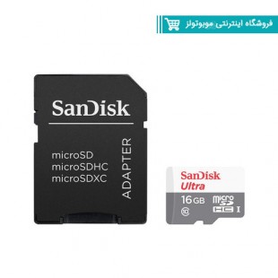 کارت حافظه microSDHC سن دیسک مدل Ultra A1 کلاس 10 استاندارد UHS-I سرعت 80MBps ظرفیت 16 گیگابایت به همراه آداپتور SD با گارانتی ایران رهجو