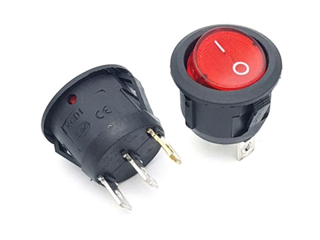 کلید راکر چراغدار دایره ای صفر و یک قرمز 2 حالته 3پین  (بسته 10 عددی)