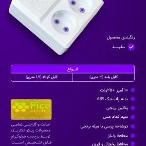 محافظ برق 2 خانه پیکو با کابل 1/5 متر مخصوص یخچال و فریزر و لوازم آشپزخانه