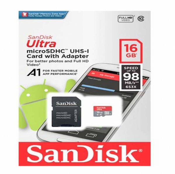 کارت حافظه microSDHC سن دیسک مدل Ultra A1 کلاس 10 استاندارد UHS-I U1 سرعت 98MBps ظرفیت 16 گیگابایت به همراه آداپتور SD