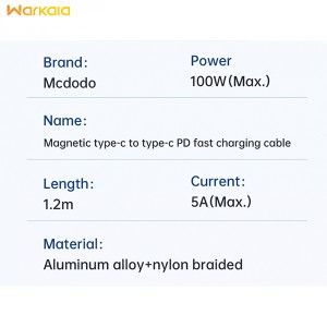 کابل شارژ سریع مگنتی تایپ‌سی به تایپ‌سی 1.2 متری مک‌دودو MCDODO Magnetic Fast Charging Data Cable Charging Cable CA-8840