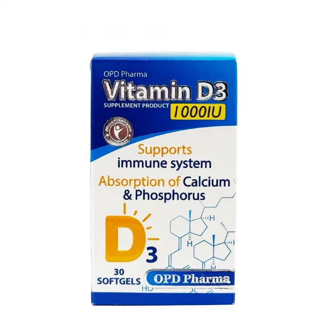 سافت ژل ویتامین د3 او پی دی فارما 1000 واحدی - 30 عددی