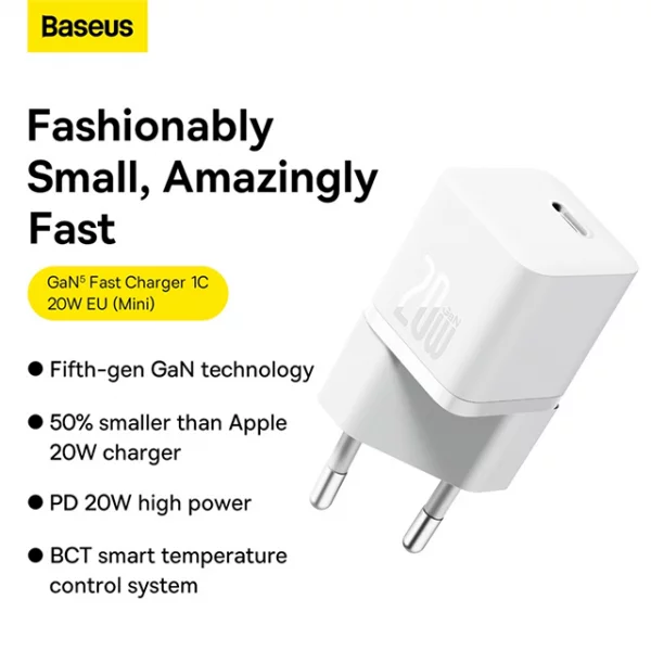 آداپتور شارژر دیواری باسئوس مدل Baseus GaN5 Fast Charger(mini) 1C 20W CCGN050102