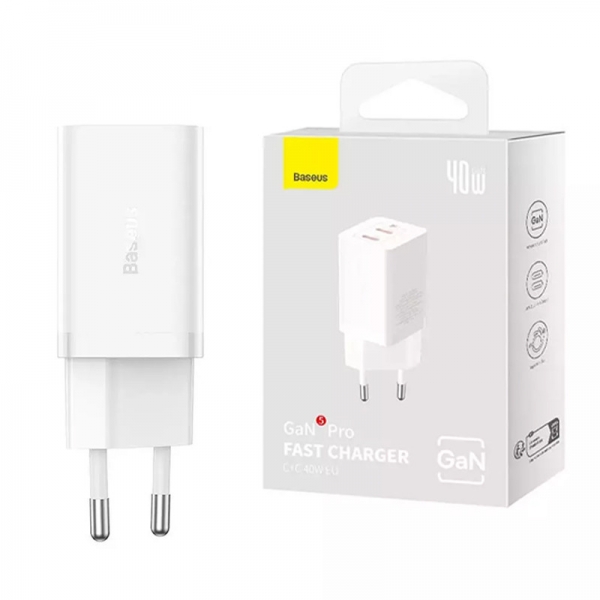 آداپتور شارژر دیواری مدل Baseus GaN5 Pro Fast Charger C+C 40W CCGP180102