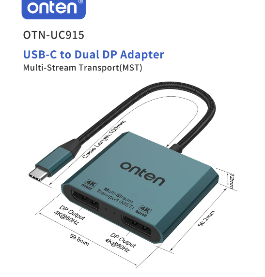 تبدیل USB-C به Dual DP اونتن مدل Onten USB-C to Dual DP adapter OTN-UC915