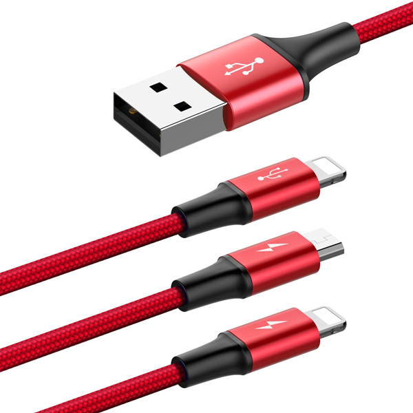 کابل شارژ 3 سر میکرو , لایتنینگ و تایپ سی باسئوس Baseus Rapid Series 3-in-1 Cable Micro+Lightning+Type-C 3A 1.2M Red