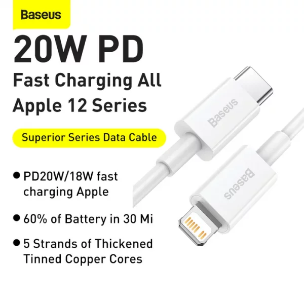 کابل شارژ لایتنینگ به تایپ سی یک متری بیسوس Baseus Superior Series Fast Charging Data Cable Type-C to iP PD 20W 1m Blue